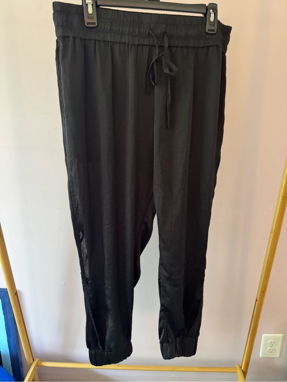 Adore Me Black Satin Drawstring Joggers with Elastic Cuffs and Slit up side